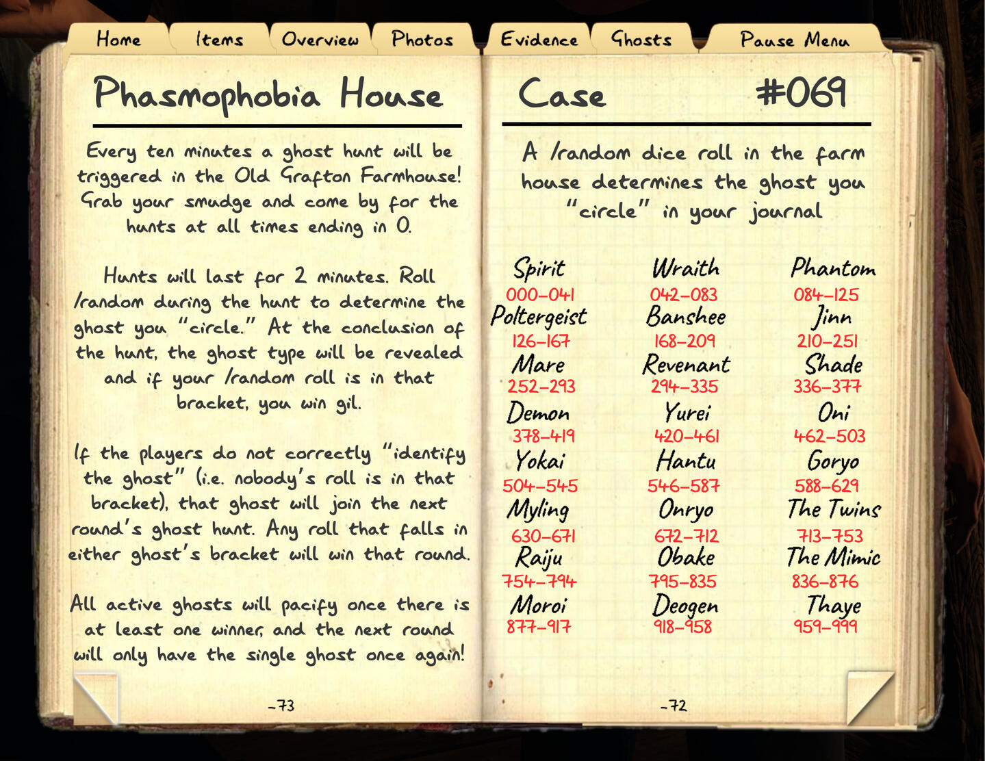 The image is an open sepia-toned notebook resembling a game journal titled “Phasmophobia House: Case #069” with handwritten-style text explaining a ghost-hunting mini-game. The left-side page reads: Every ten minutes a ghost hunt will be triggered in the